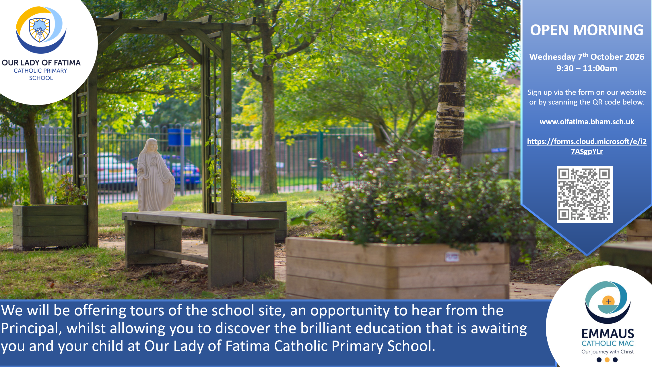 Open Morning at Our Lady of Fatima Catholic Primary School, Wednesday 7 October 2026 from 9:30am to 11:00am.